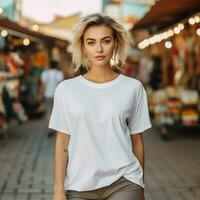 ai generado mujer vistiendo un blanco blanco demasiado grande t - camisa. ella es vistiendo bermudas. local mercado antecedentes. foto