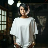 AI generated an asian girl with tattoos wearing a white oversized t-shirt photo