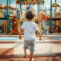 AI generated Back view of a wild little boy with wearing white t - shirt running fast around in a playground photo