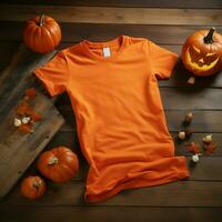 AI generated a blank orange t - shirt lying in a sleeping position on a wooden table with Halloween ornaments photo