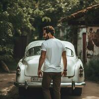 ai generado un hombre en el espalda de un antiguo auto, vistiendo un blanco blanco camiseta foto