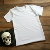 AI generated a blank white t - shirt lying in a sleeping position on a table, up view, beside it a skull photo