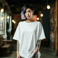 AI generated an asian girl with tattoos wearing a white oversized t-shirt photo