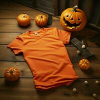 AI generated a blank orange t - shirt lying in a sleeping position on a wooden table with Halloween ornaments photo