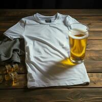 AI generated Blank white t - shirt lying in a sleeping position on a table and are several glass of beer photo