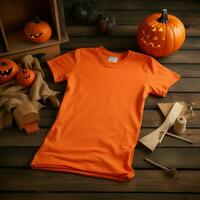 AI generated a blank orange t - shirt lying in a sleeping position on a wooden table with Halloween ornaments photo