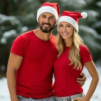 AI generated a beautiful couple, both are wearing red t-shirts and Santa Christmas hats photo