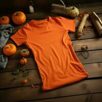 AI generated a blank orange t - shirt lying in a sleeping position on a wooden table with Halloween ornaments photo