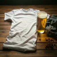 AI generated Blank white t - shirt lying in a sleeping position on a table and are several glass of beer photo