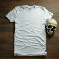 ai generado un blanco blanco t - camisa acostado en un dormido posición en un mesa, arriba vista, junto a eso un cráneo foto