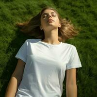 AI generated Girl relax in sleep position on the grass wearing blank white t - shirt, summer time photo