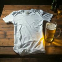 AI generated Blank white t - shirt lying in a sleeping position on a table and are several glass of beer photo