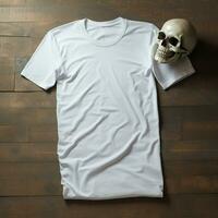 AI generated a blank white t - shirt lying in a sleeping position on a table, up view, beside it a skull photo