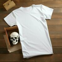 AI generated a blank white t - shirt lying in a sleeping position on a table, up view, beside it a skull photo