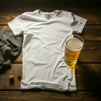 AI generated Blank white t - shirt lying in a sleeping position on a table and are several glass of beer photo