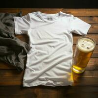 AI generated Blank white t - shirt lying in a sleeping position on a table and are several glass of beer photo