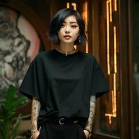 AI generated an asian girl with tattoos wearing a black oversized t-shirt photo