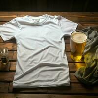 AI generated Blank white t - shirt lying in a sleeping position on a table and are several glass of beer photo