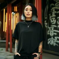 AI generated an asian girl with tattoos wearing a black oversized t-shirt photo