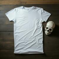 AI generated a blank white t - shirt lying in a sleeping position on a table, up view, beside it a skull photo