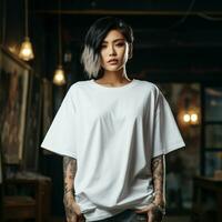 AI generated an asian girl with tattoos wearing a white oversized t-shirt photo