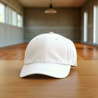 AI generated Blank white cap on the wood floor photo