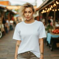 AI generated Women wearing an blank white oversize t - shirt. she is wearing shorts. local market background. photo