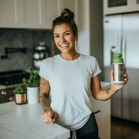 AI generated Brunette woman wearing blank white t-shirt and holding a bottle, in modern kitchen photo