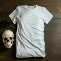 AI generated a blank white t - shirt lying in a sleeping position on a table, up view, beside it a skull photo