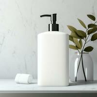 AI generated Soap bottle in blank white color, on the bath room photo