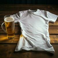 AI generated Blank white t - shirt lying in a sleeping position on a table and are several glass of beer photo