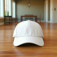 AI generated Blank white cap on the wood floor photo