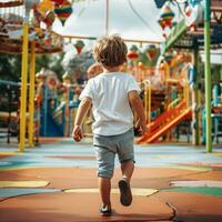 AI generated Back view of a wild little boy with wearing white t - shirt running fast around in a playground photo