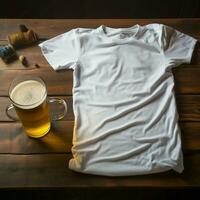 AI generated Blank white t - shirt lying in a sleeping position on a table and are several glass of beer photo