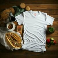 ai generado blanco blanco t - camisa acostado en un dormido posición en un mesa, arriba ver con varios tacos comida foto