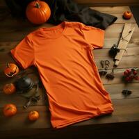 AI generated a blank orange t - shirt lying in a sleeping position on a wooden table with Halloween ornaments photo