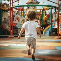 AI generated Back view of a wild little boy with wearing white t - shirt running fast around in a playground photo