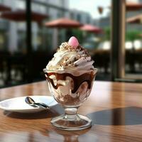 ai generado un taza de helado en el vaso. en el café mesa foto