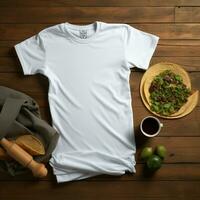 AI generated Blank white t - shirt lying in a sleeping position on a table, up view with several tacos food photo