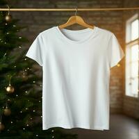 ai generado blanco blanco t - camisa colgando en el Navidad árbol foto
