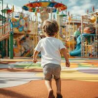 AI generated Back view of a wild little boy with wearing white t - shirt running fast around in a playground photo