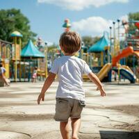 AI generated Back view of a wild little boy with wearing white t - shirt running fast around in a playground photo