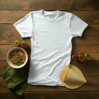 AI generated Blank white t - shirt lying in a sleeping position on a table, up view with several tacos food photo