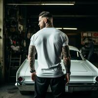 AI generated A muscle man standing behind a muscle car. man wearing blank white t-shirt photo