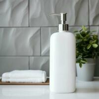 AI generated Soap bottle in blank white color, on the bath room photo