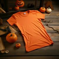 AI generated a blank orange t - shirt lying in a sleeping position on a wooden table with Halloween ornaments photo