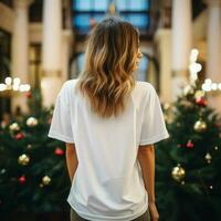 ai generado niña vistiendo blanco demasiado grande t - camisa en frente de Navidad arboles espalda ver foto