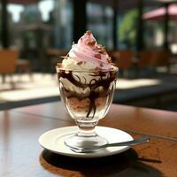 AI generated a cup of gelato on the glass. on the cafe table photo