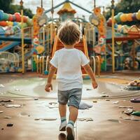 AI generated Back view of a wild little boy with wearing white t - shirt running fast around in a playground photo