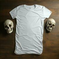 AI generated a blank white t - shirt lying in a sleeping position on a table, up view, beside it a skull photo